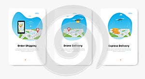 Express drone delivery service, quadcopter carrying package over map with location pin, mobile phone gps map for shipment tracking