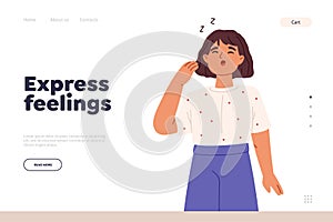 Express feelings concept of landing page with sleepy small kid girl yawn and stretch