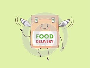 Express food delivery. Cartoon kawaii paper package with foodstuff flying in the air. Cute smiling character with wings