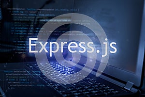 Express.js inscription against laptop and code background. Learn express JavaScript programming language  computer courses