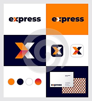 Express logo. Letters and orange arrow. Corporate identity with color, app buttons, seamless pattern and business card.