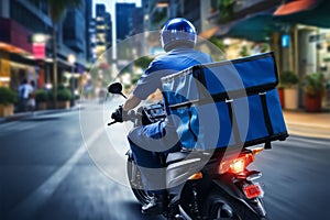 Express service delivery man in blue uniform rides motorbike swiftly