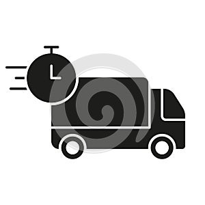 Express Shipping Silhouette Icon. Delivery Time Glyph Pictogram. Fast Vehicle Deliver Solid Sign. Cargo Truck with Timer