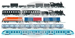 Express train freight train steam locomotive, railroad car. Freight, set - vector illustration