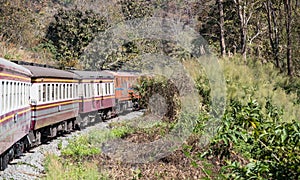 Express train is going to the high mountain with the diesel electric locomotive