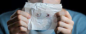 Expressing discontent, a woman presents a sad face paper for mental health feedback