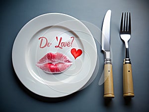 Expressing Love with a Romantic Dinner Date A Lipstick Message of Do You Love Me on a Plate photo