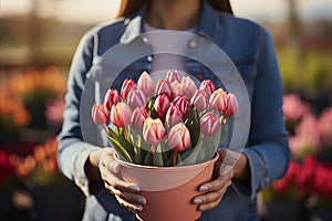 Expressing tenderness and care woman receiving a breathtaking bouquet of vibrant spring tulips