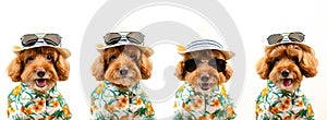 Expression faces of an adorable brown toy Poodle dog wears hat with sunglasses and Hawaii dress for summer season on white