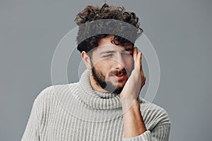 Expression man background model guy hand face adult isolated male white young portrait person stress