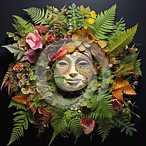 Expressionism Collage: Fern Wreath With Paper Mask And Organic Sculptures