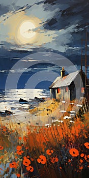 Expressionism Oil Painting Giclee Print: Coastal House With Thatched Roof