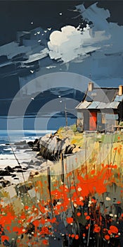 Expressionism Oil Painting Giclee Print: Coastal House With Thatched Roof