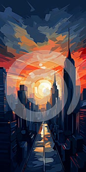 Expressionism Sunrise In The City - Abstract Urban Landscape Painting