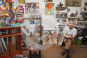 Expressionist artist in his art studio
