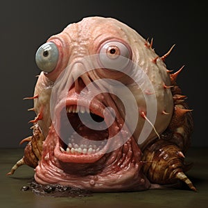 Expressive 3d Snail Monster Holding A Fish In Photorealistic Style