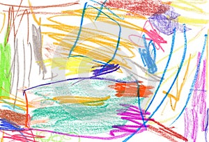 Expressive abstract drawing made with colorful crayons, wax crayon texture on paper, strokes