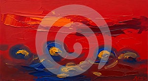 Impasto artwork featuring intense red and blue colors