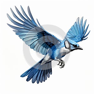 Expressive Blue Jay Illustration With Wings Extended In Travis Charest Style