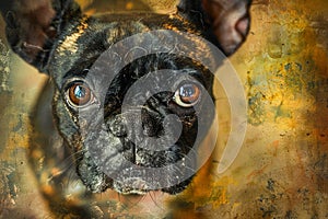 Expressive Brindle French Bulldog Portrait with Intense Stare on Textured Abstract Background