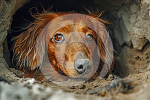 Expresívne hnedý jazvečík pes von piesočnatý jaskyňa jasný modrý oči premýšľavý hľadieť 