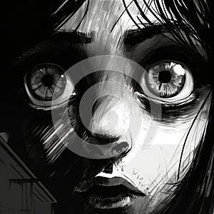 Expressive Brushwork: Dark-eyed Girl With A Monster Face In Realistic Black And White