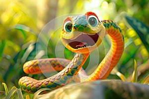 Expressive Cartoon Snake Character in Vivid Colors with Engaging Eye Contact