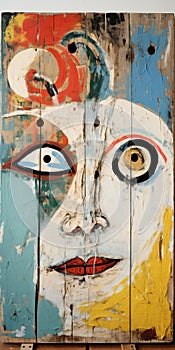 Expressive Characters: Abstract Face Painting On Vintage Barn Wood Sign