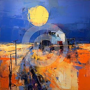Expressive Color-field Painting: House And Full Moon In Rural Landscape
