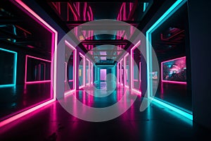 Expressive Design: Magenta and Blue Interiors with Neon Lights and Shiny Symmetry