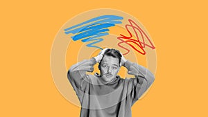 Expressive digital composition of frustrated man with chaotic thoughts in red and blue
