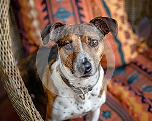 Expressive Dog with Striking Markings Sitting, A dog with distinctive brindle and white markings sits attentively in a wicker