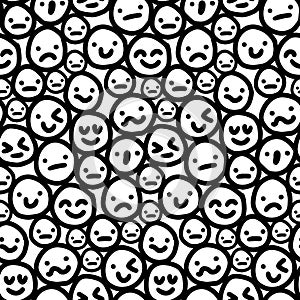 Expressive emoji smile faces people crowd hand drawn seamless pattern