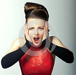 Expressive Emotions. Bemused Woman's Face with Opened Mouth. Stare photo