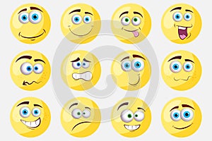 Expressive eyes and mouth, character face expressions.  Isolated vector illustration on yellow background