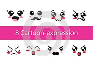 Expressive eyes and mouth, smiling, crying and surprised character face expressions vector illustration.Cartoon faces set.