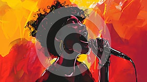 An expressive illustration of a female singer passionately performing into a microphone, surrounded by a vibrant red and orange