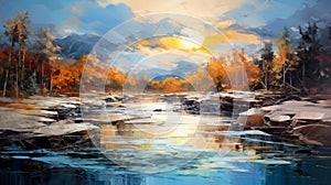 Expressive Landscape River With Rocks And Sunset Oil Painting
