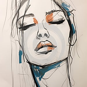 Expressive Line Drawing Of Megan\'s Serene Face With Blue And Orange Markings
