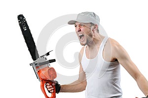 Expressive man with electric saw