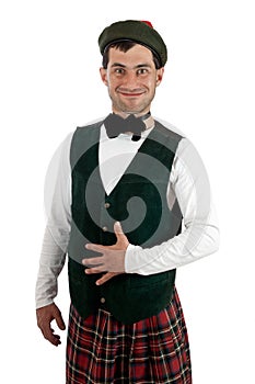 Expressive man in Scottish costume.