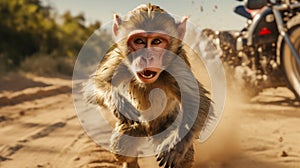 Expressive Monkey Running Towards Motorcycles - A Unique Photorealistic Portrait