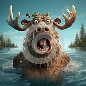 Expressive Moose Holding A Fish: A Grotesque Caricature In Zbrush