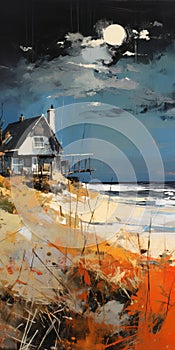 Expressive Oil Drawing Of Coastal House With Atmospheric Landscapes