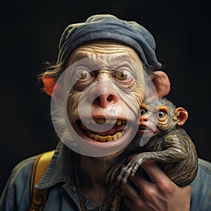 Expressive Portrait Of A Man With A Baby Monkey And Eye