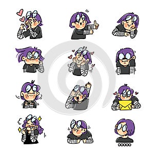 Expressive purple haired girl sticker asset set