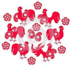 Expressive silhouettes of red roosters with wings in the form of paisley, isolated on a white background. A wonderful set of logos