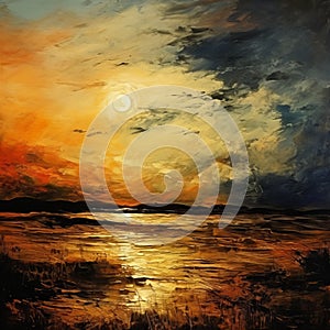 Expressive Sunset In Oil Painting On The Beach