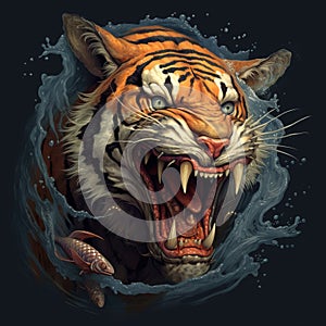 Expressive Tiger A Colorful Fantasy Realism Image With Angry Tiger Holding A Fish