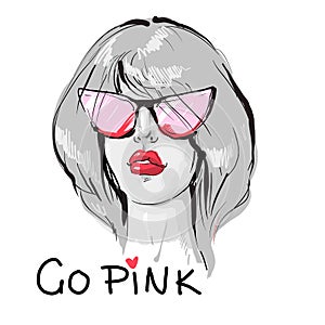 Expressive woman portrait with sunglasses and slogan Go pink isolated vector illustration
